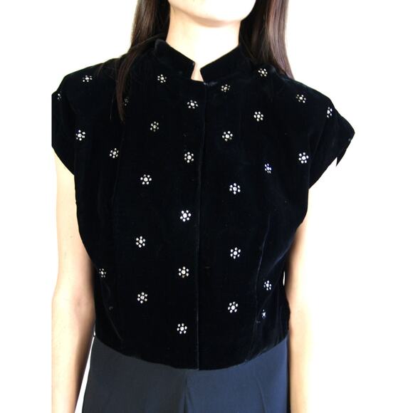 vintage 30s Black VELVET Rhinestone Flowers COCKTAIL DRESS Medium party holiday - Picture 3 of 6